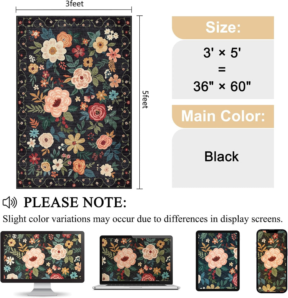 3x5 Area Rug, Floral Washable Rug Non Slip, Black