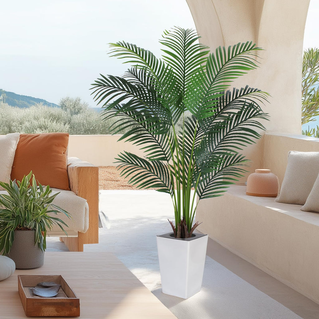 Artificial Palm Tree with White Tall Planter, 5ft Tall Potted Artificial Silk Palm Tree Plant, Fake Tropical Plant