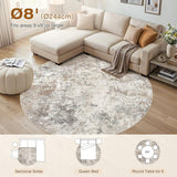 8ft Round Area Rug Living Room Rugs - 8x8 Washable Neutral Modern Abstract Soft Thin Rug Indoor Floo