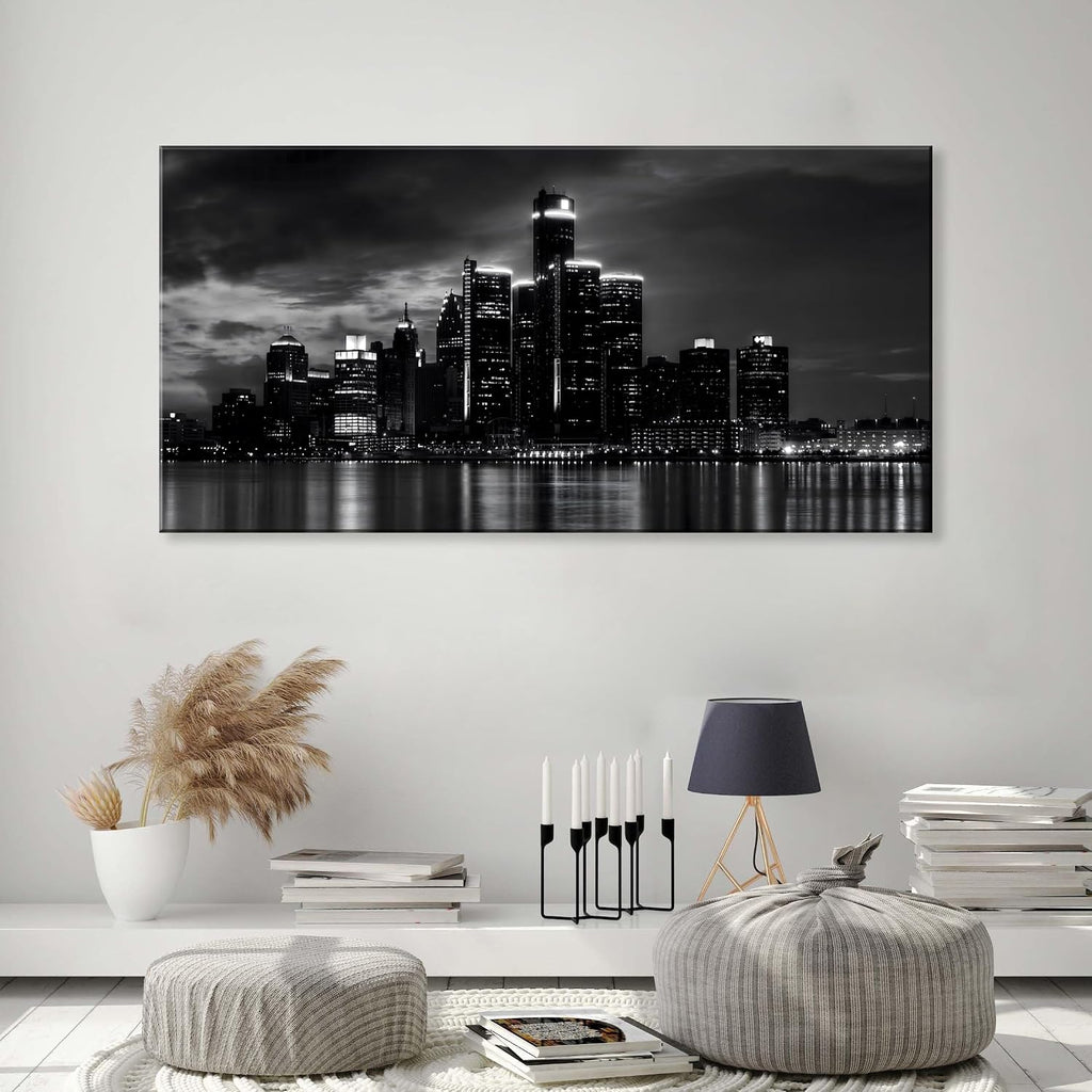 Detroit Skyline Canvas Wall Art Cityscape Night Scene Black & White City Art Print on Canvas Modern Giclee Framed