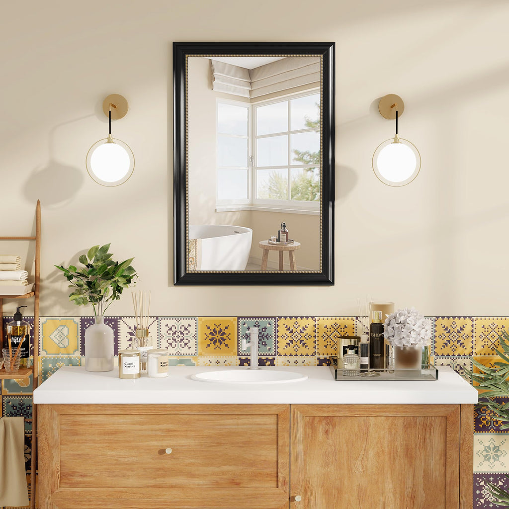 22x30 Rectangular Wall Mirror, Decorative Bathroom Mirror, Traditional Vintage Wall Mounted Mirror with Beaded Frame