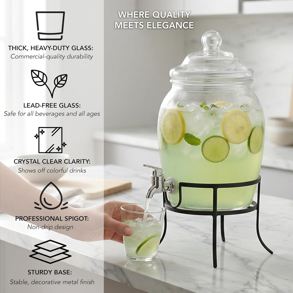 Beverage Dispenser Cold Drink Dispenser w/ 2-Gallon Capacity Glass Jug, Metal Stand & Leak-Proof Acrylic Spigot