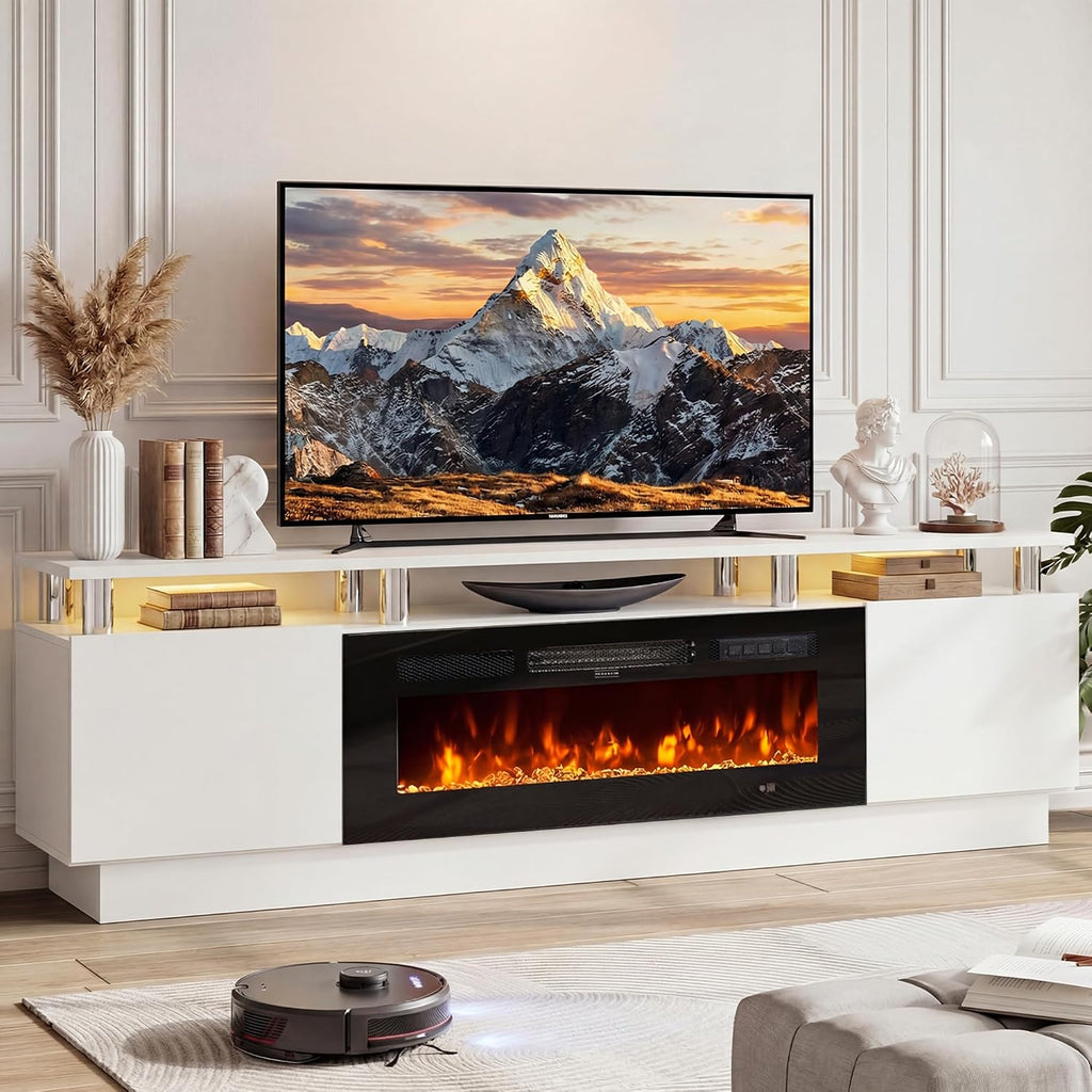 70" Fireplace TV Stand for TVs UP to 80", Electric Fireplace Entertainment Center with LED Lights & Storage Cabinets