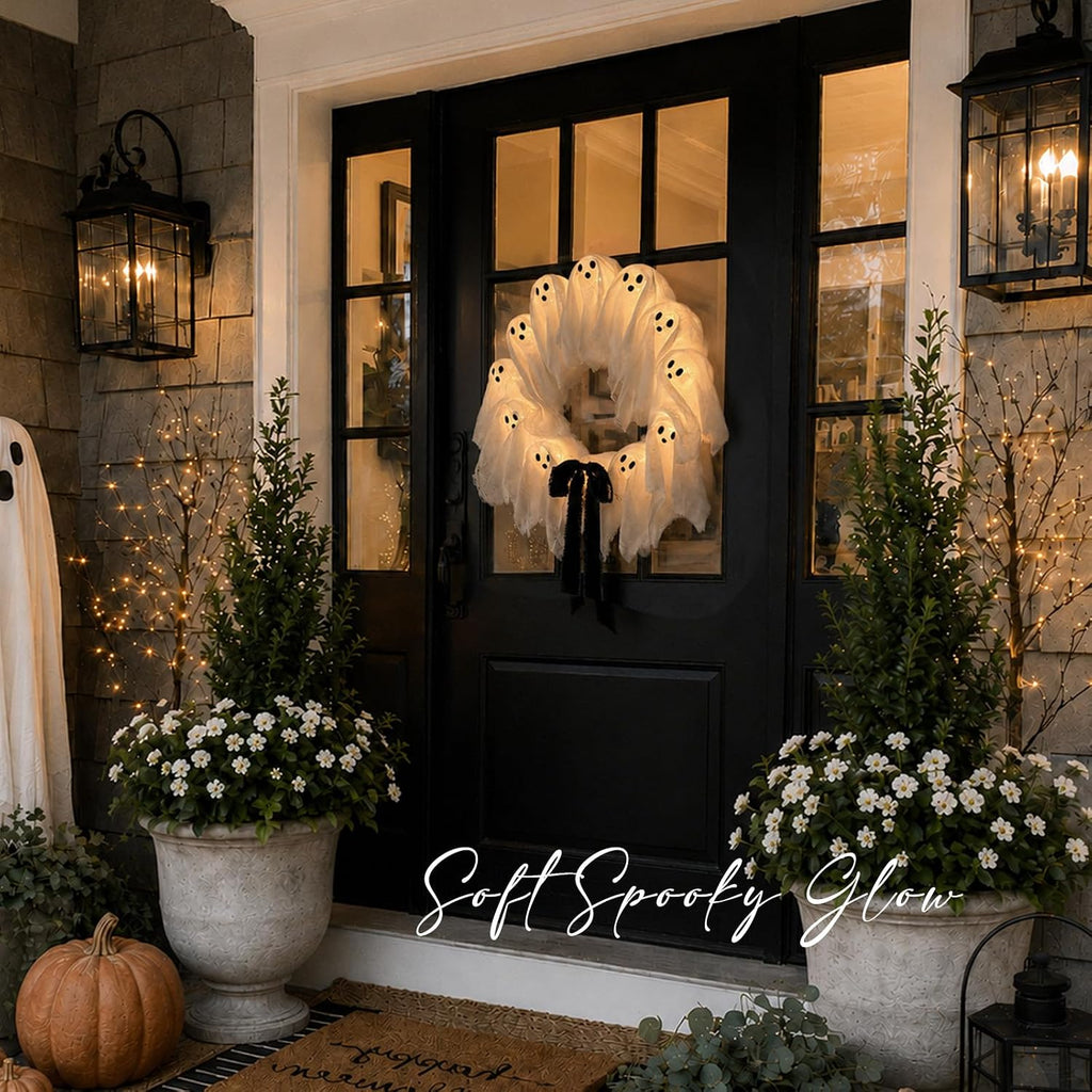 Halloween Decorations Outdoor - 22" Cute Lit Ghost Wreath