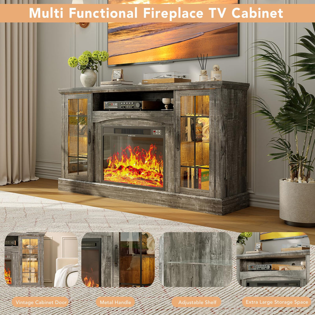 2-in-1 Multifunctional with 23" Removable Electric Fireplace, 58" Farmhouse Entertainment Center, Media Console Table