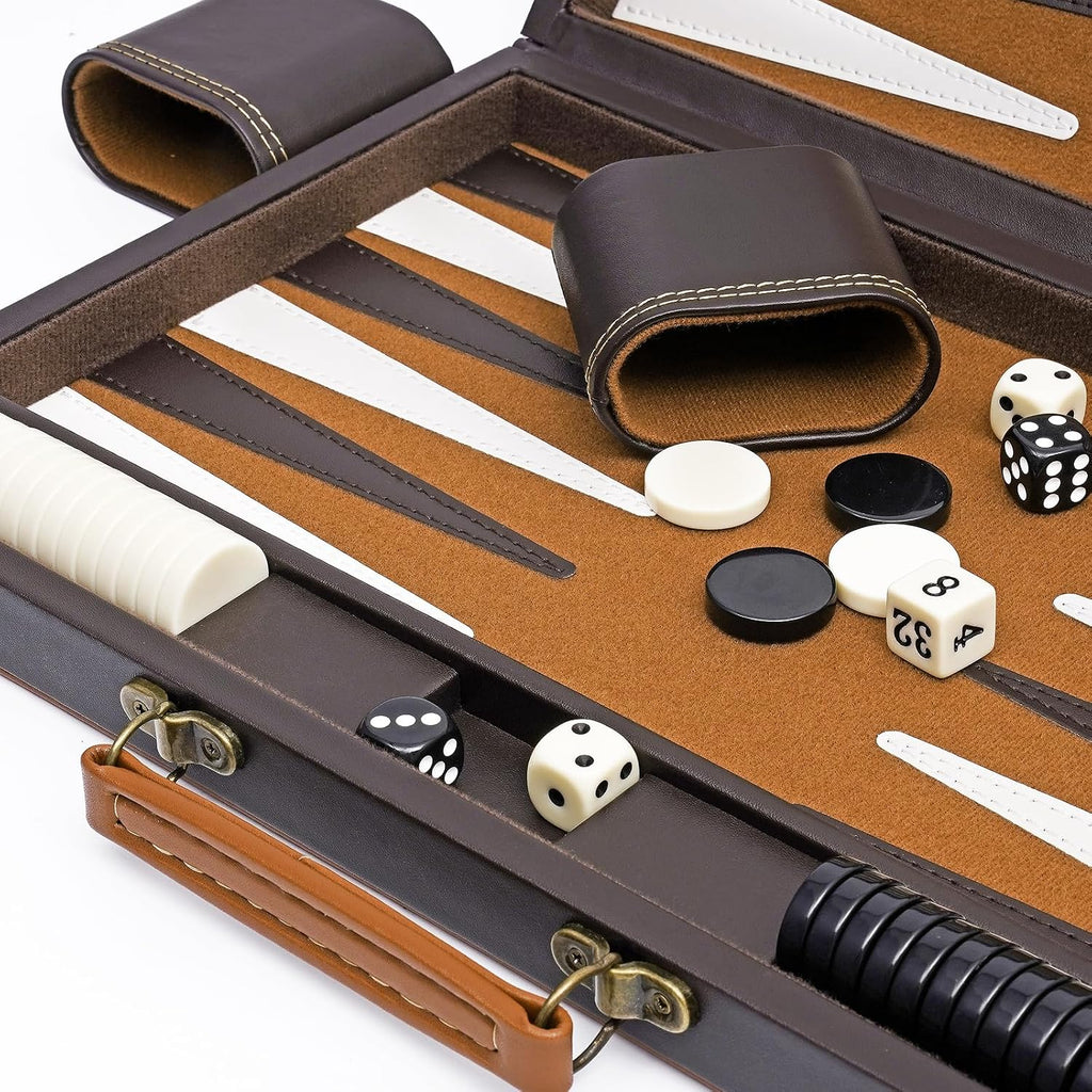 Backgammon Sets for Adults, 15 Inch PU Leather Backgammon Set, Portable Travel Backgammon Board Game, Classic - Set of 15
