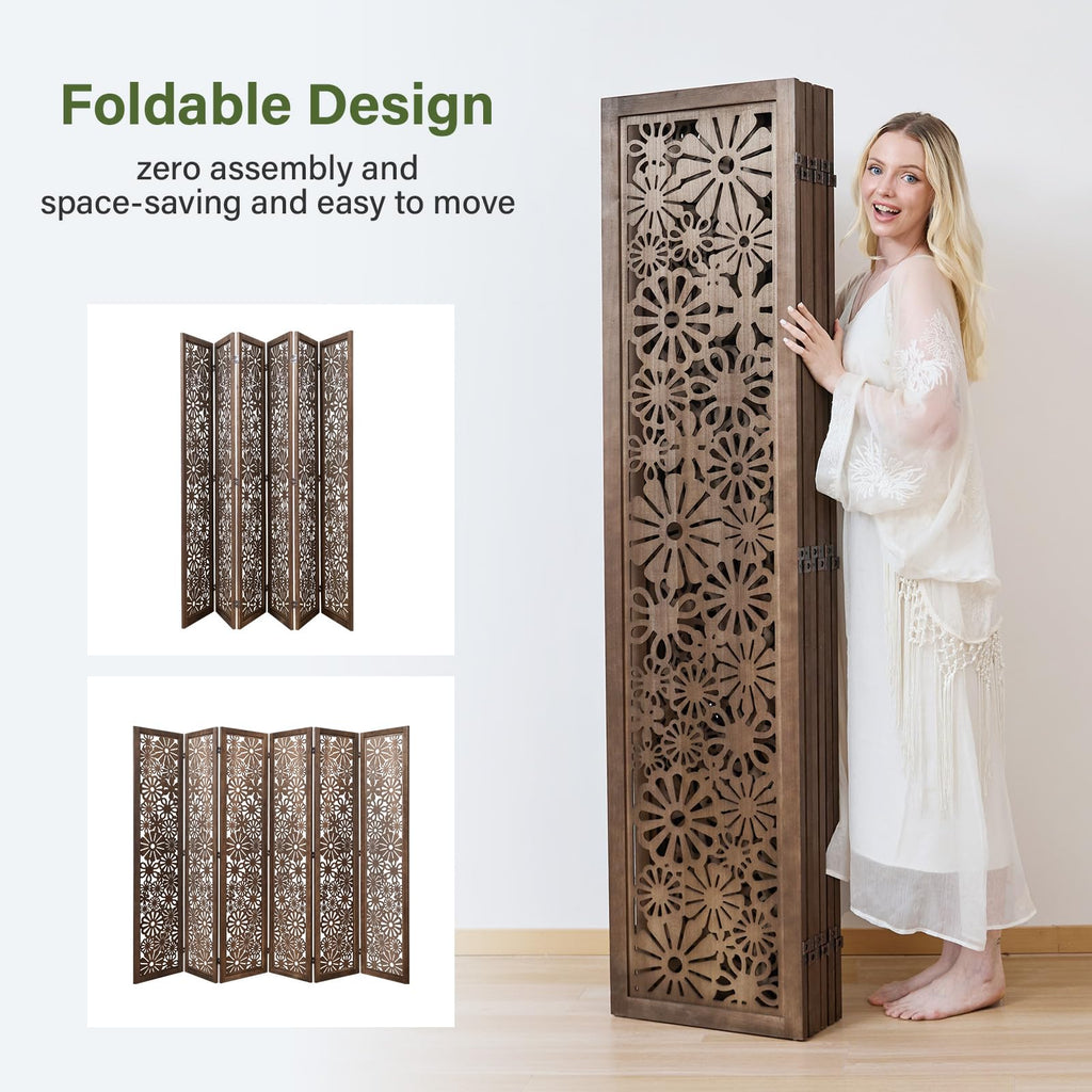 Folding Wood Room Divider Panel, 5.6 FT Tall Daisy-Carved Privacy Screen - Decorative Flower Carved Room Partition