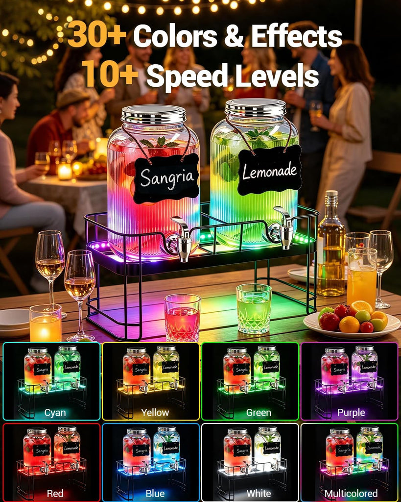 Drink Dispensers for Parties, 2 Pack 1 Gallon Glass Jars with LED Stand - Set of 2
