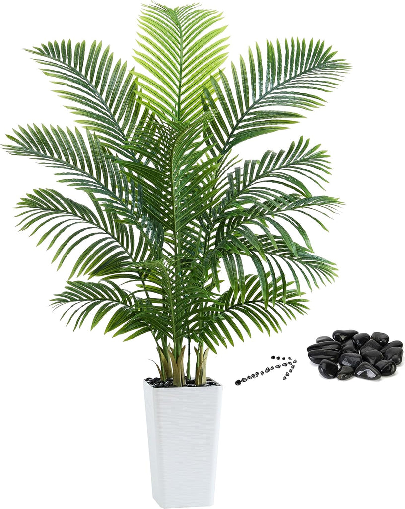 Artificial Palm Tree 5FT - Tall Fake Tree with White Taper Planter & Pebbles, UV Resistant, Large Potted Faux Plant