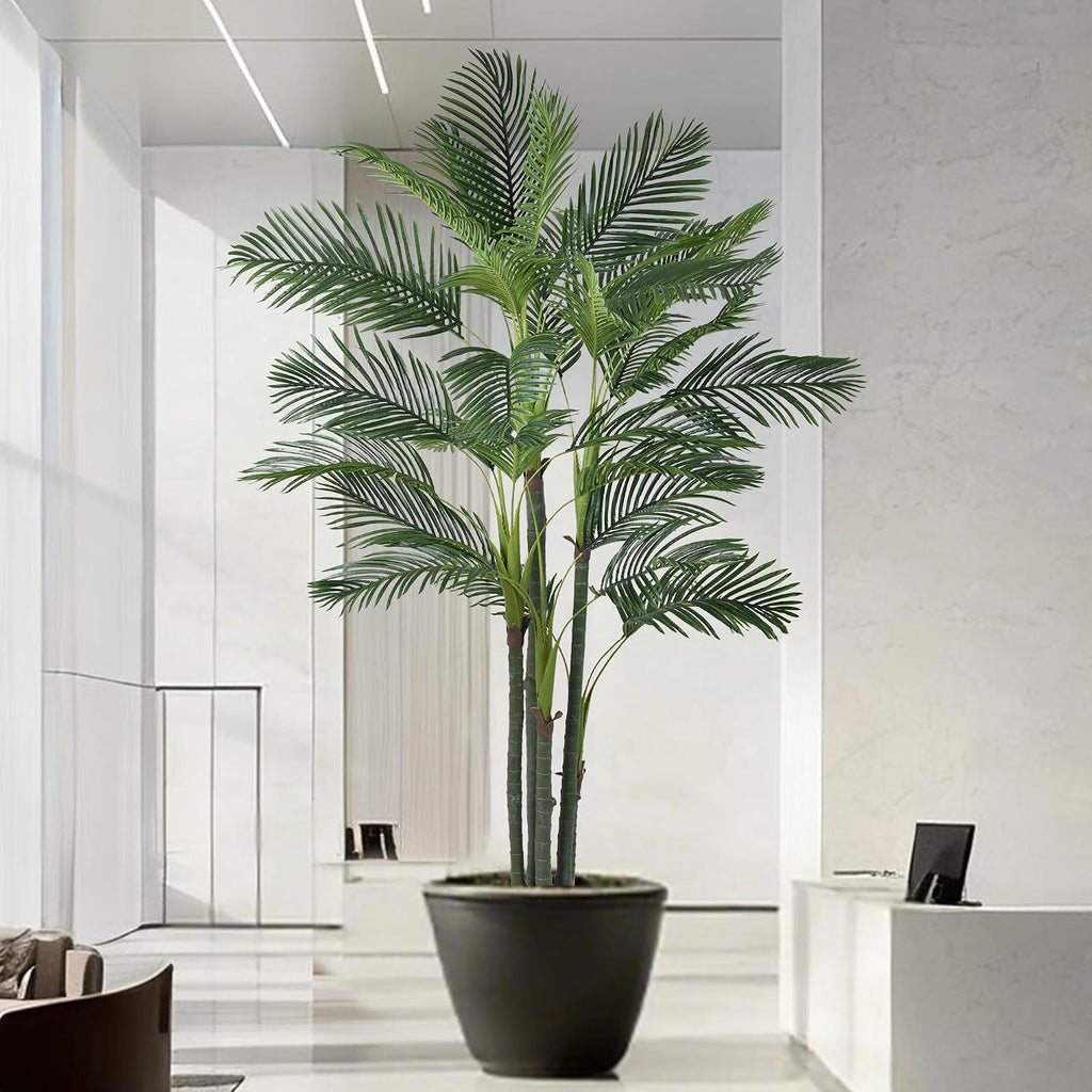 Palm Tree 8FT(96in) Tall Faux Tree with Large Trunks and 32 Realistic Leaves, Fake Tropical Floor Potted Artificial