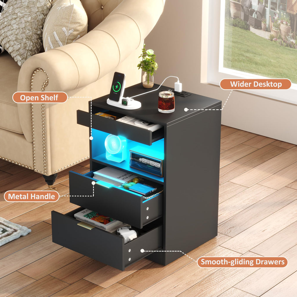 Night Stand, LED Nightstand with Charging Station, Black