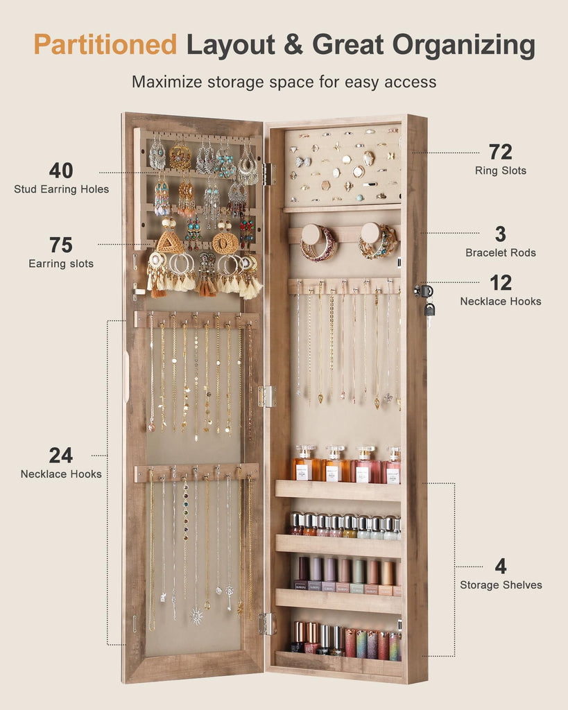Mirror Jewelry Cabinet, Full Length Mirror, Wall Mounted, Oak