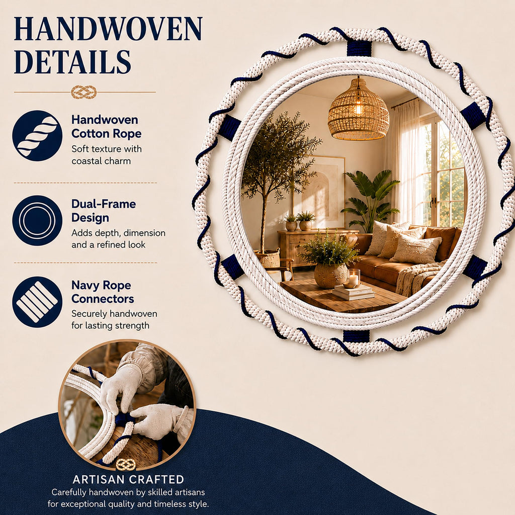 30" Round Nautical Rope Wall Mirror, Coastal White Navy Bands