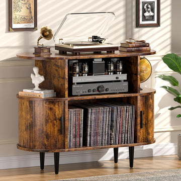 Large Record Player Stand with Storage and Shelves, Brown
