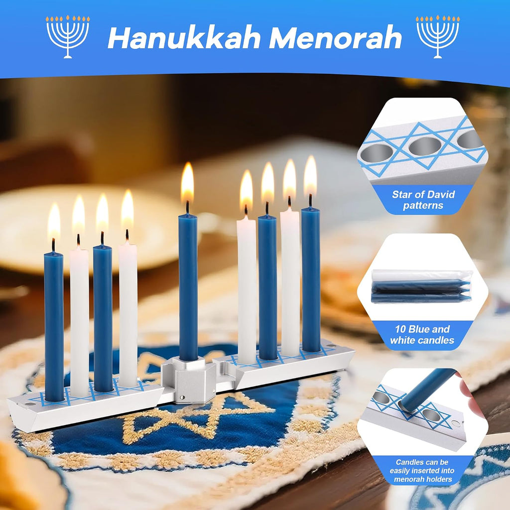 Folding Travel Chanukah with Candle Set, Foldable Hanukkah with 10 Blue and White Candles, Satin Silver, Fits
