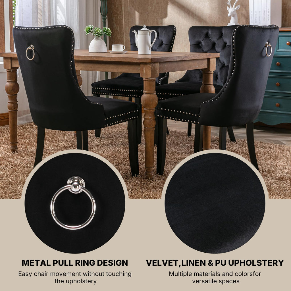 Modern Tufted Upholstered Dining Chairs Set of 4, Classic Black Velvet Dining Room Chair with Solid Wood Legs, Sillas