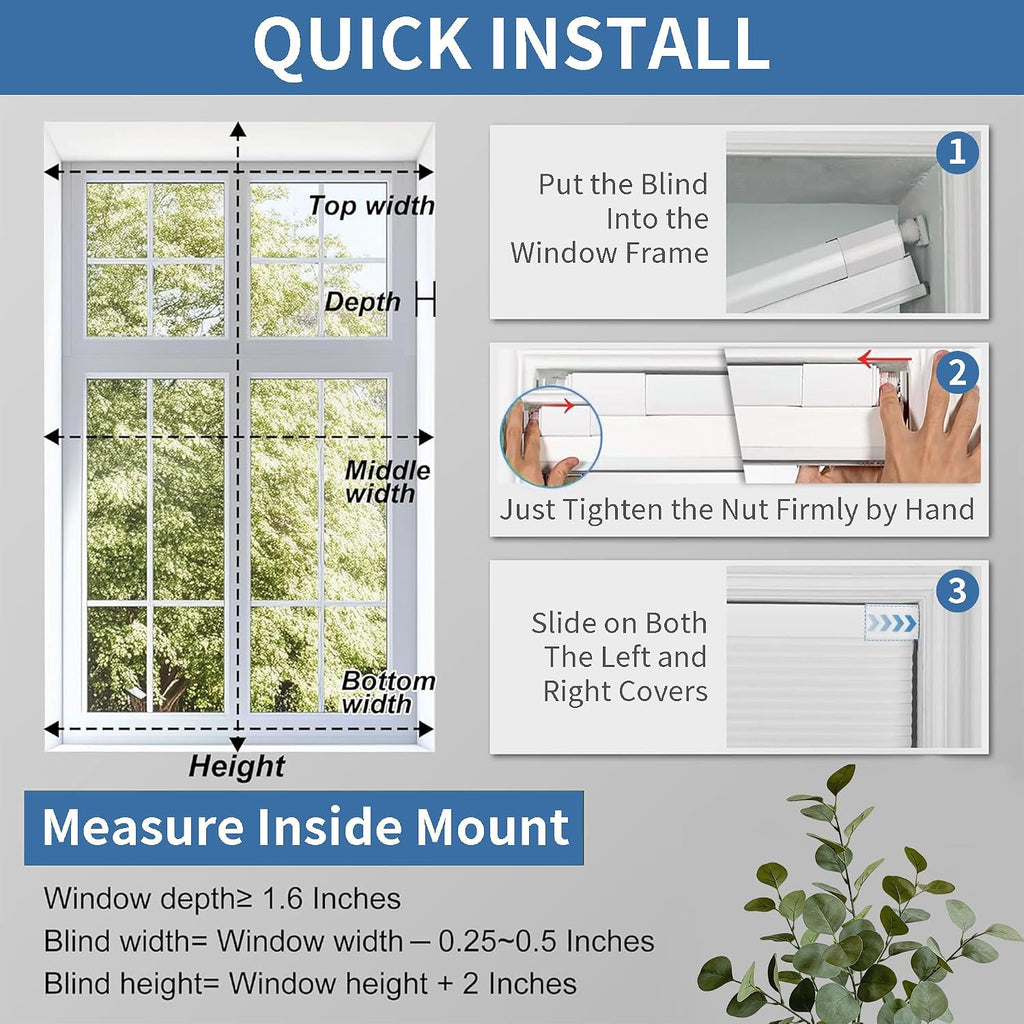Dual Tensioner 1.5" No Drill Cellular Shades for Indoor Windows, Cordless Privacy No Drill Cellular Shades for Indoor