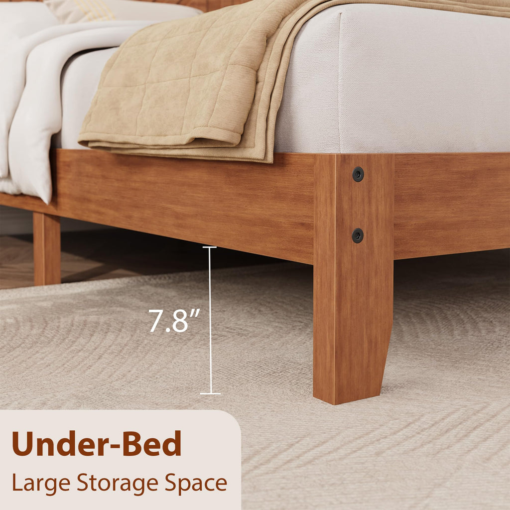 Rustic Wooden Platform Bed Frame with Headboard, Mattress Foundation with Wooden Slat Support, No Box