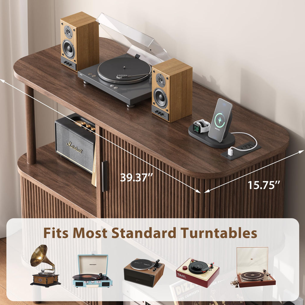 40" Large Record Player Stand with Charging Station, Mid Century Modern Turntable Cabinet with Sliding Doors, Wood