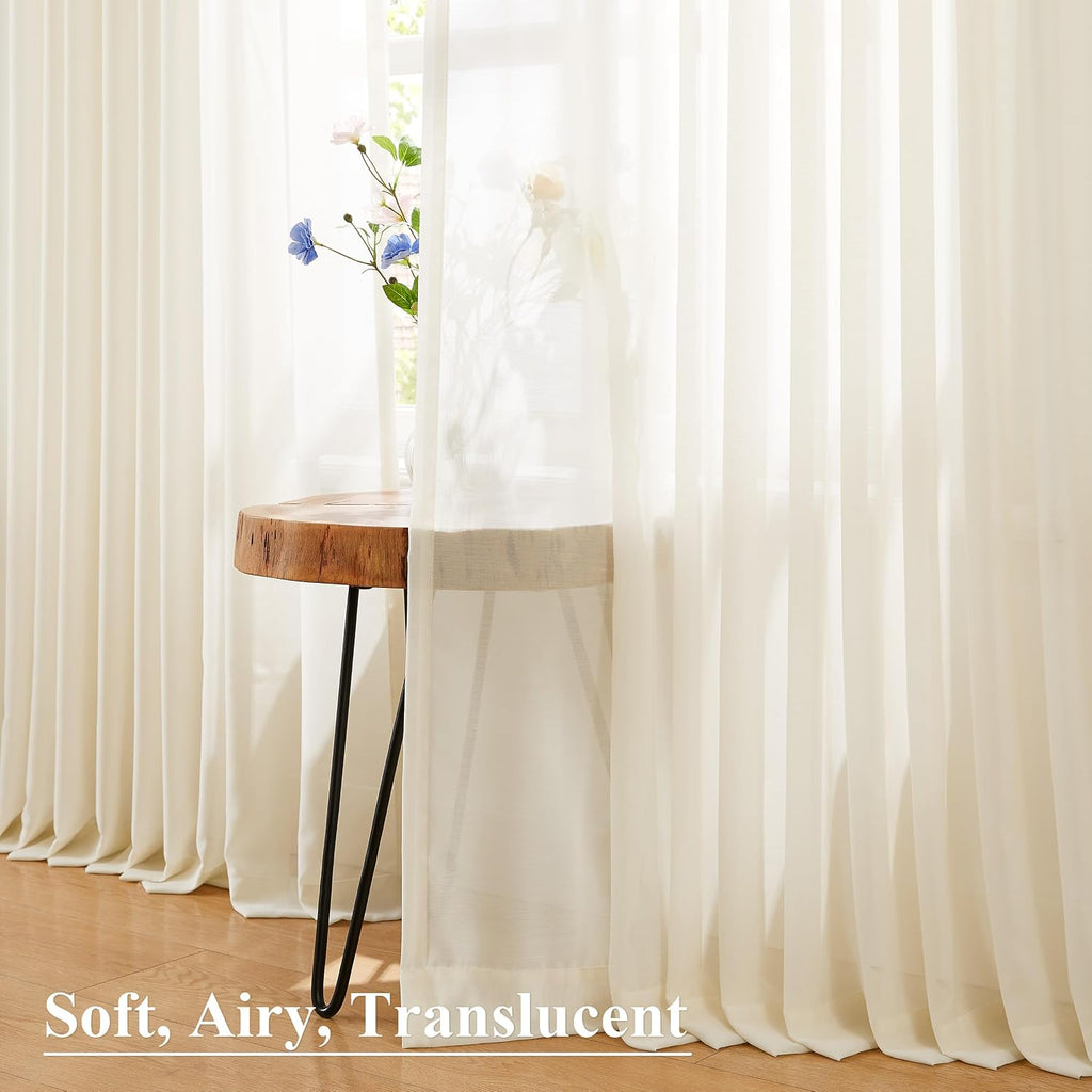 Cream Pinch Pleat Sheer Window Curtains 90 Inches Long,Egret Ivory Soft Farmhouse Drapes for Bedroom Living Room