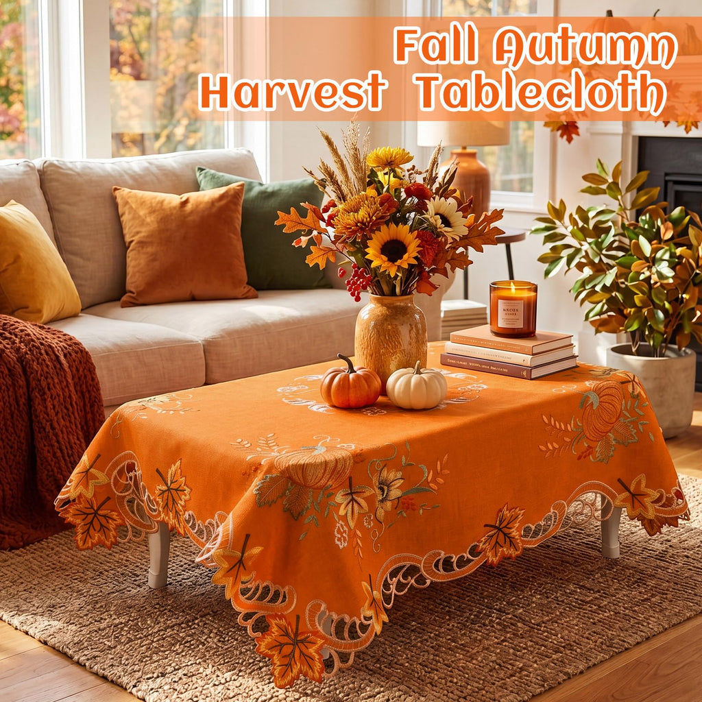 Fall Tablecloth Embroidered 34 in Square Rust Orange Autumn Decor