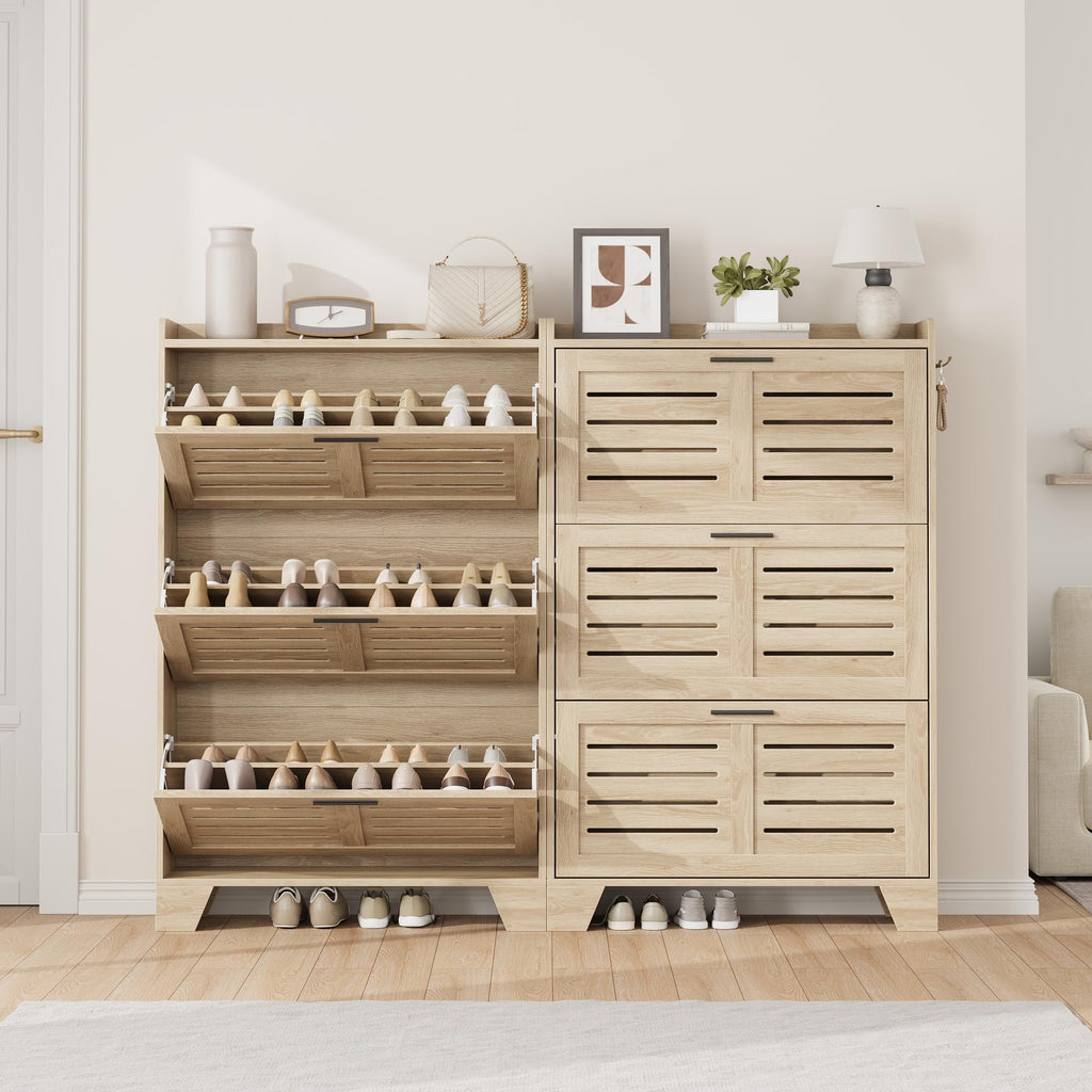 Shoe Cabinet Storage, Slim Shoe Storage Cabinet with 3 Flip Drawers, Freestanding Hidden Narrow Shoe Organizer