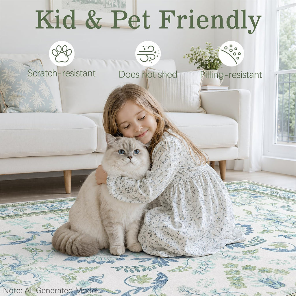 Blue and Green Washable 3x6 Runner Rug