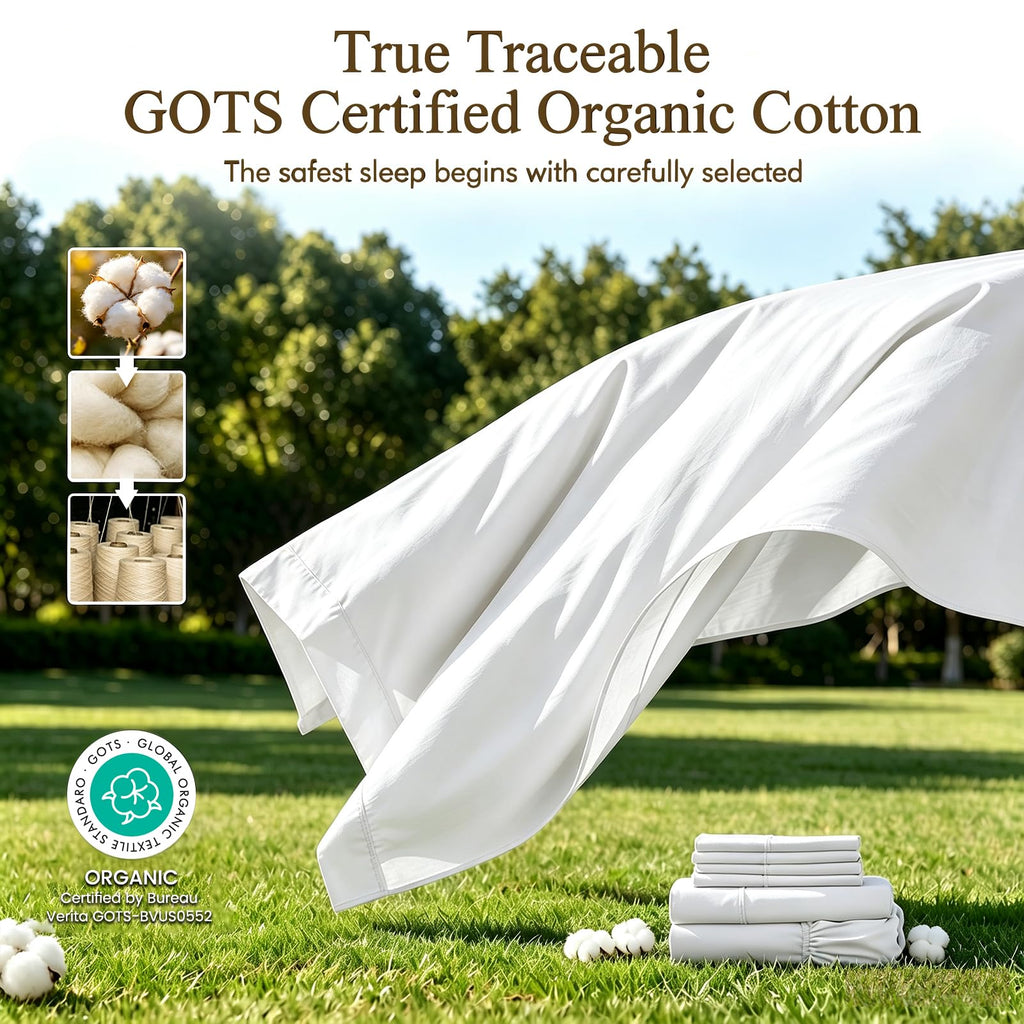 100% Organic Queen Cotton Sheets, Deep Pocket Set, Breathable & Cooling Soft Bedding, Hotel Luxury Bed Sheets, Easy