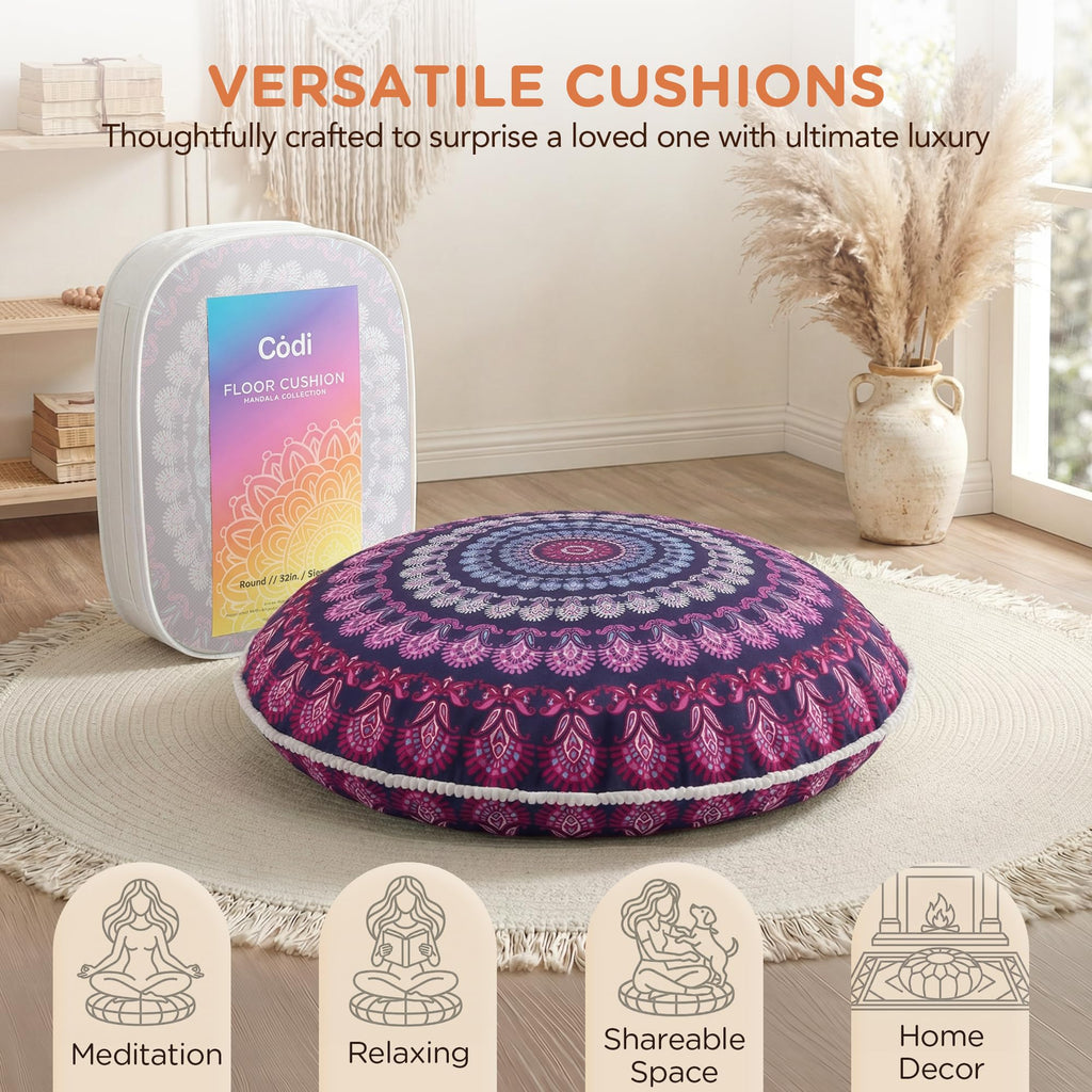 32 Inch Round Floor Pillow, Large Meditation Pouf Cushion, Memory Foam Stuffer Circle Throw Pillows - (Purple