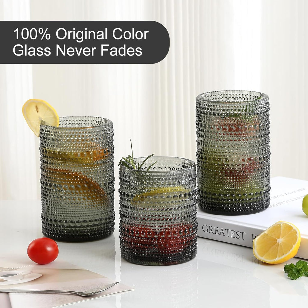 Vintage Hobnail Drinking Glasses Set of 8, Grey 12 oz & 15oz Highball Glass Cups, Kitchen Drinkware