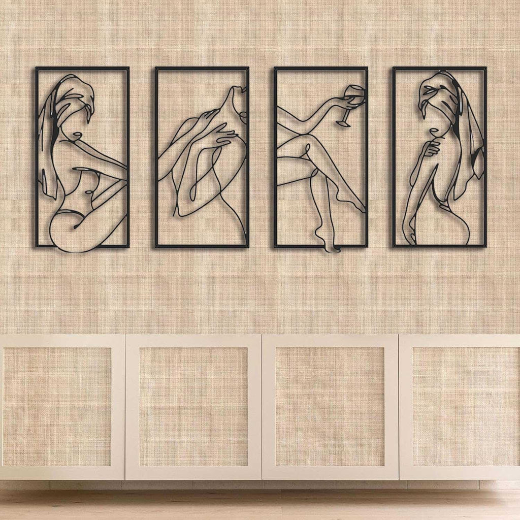4-Piece Set - Minimalist Elegant Female Body Line Decor, Abstract Metal Wall Art, and Living Room - Set of 4