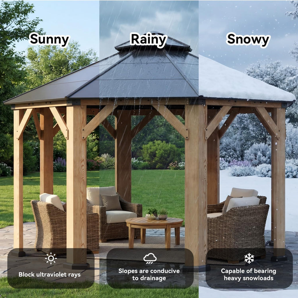 13' x 13' Outdoor Wood Octagon Gazebo, Hardtop Gazebo Permanent Wooden Pavilion with Galvanized Steel Double Roof