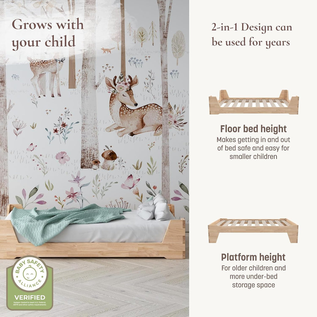 Maverick Montessori Toddler Floor Bed with 2 Heights, Natural Wood Grain
