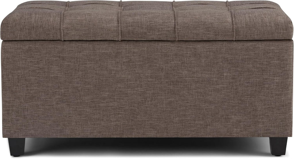 Sienna 33" Wide Vegan Leather Storage Ottoman in Satin Cream | Tanners brown, transitional ottoman with tufting and