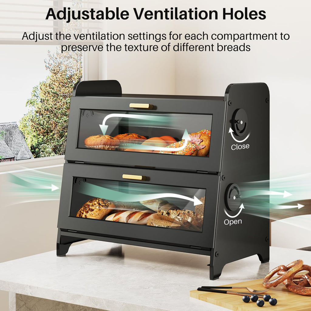 Bread Box - 2 Tier Countertop, Adjustable Ventilation, Black