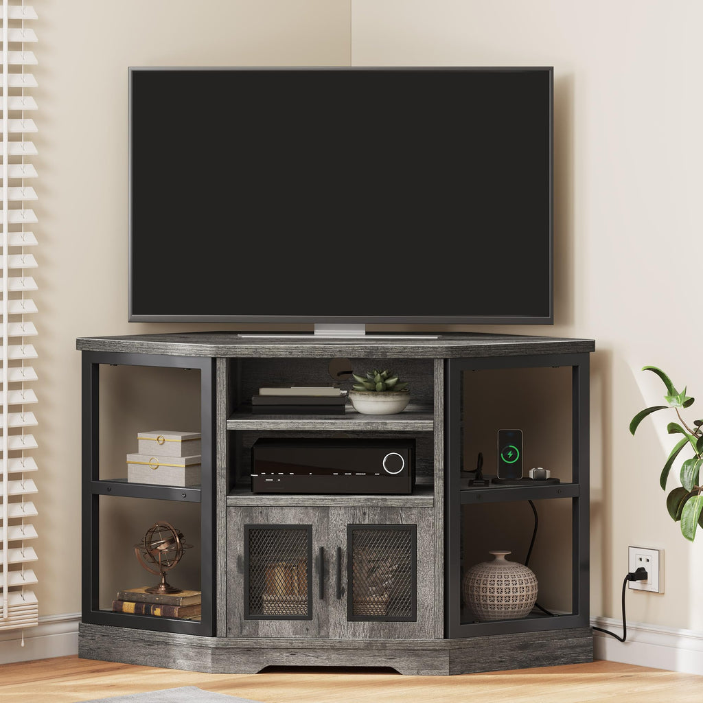 Grey Oak Corner TV Console, Mesh Cabinet, 2 AC + 2 USB