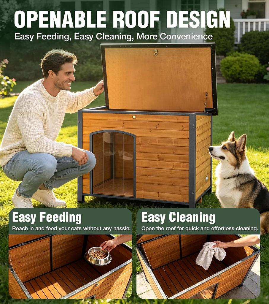 Large Dog House Outdoor with Iron Frame and Hinged Roof