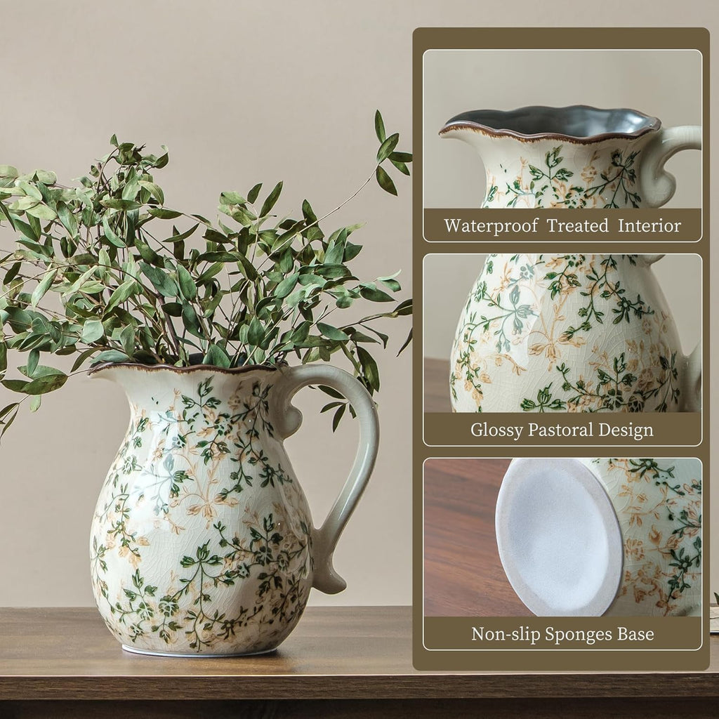 Ceramic Flower Vase | Green Rustic Farmhouse Pitcher Vase