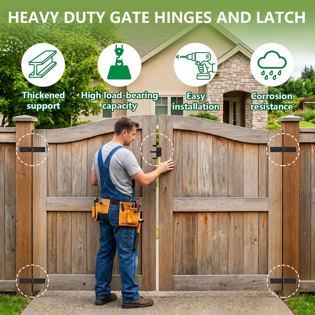 Fence Gate Hinges Heavy Duty and Self Locking Latch Set 3Pack for Wood Gates, 270° Outdoor Hardware Kit, Strap Dual