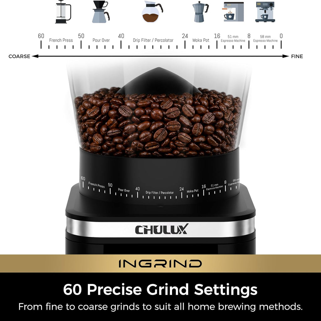 InGrind Conical Burr Electric Coffee Grinder with 60 Grind Settings | Professional Anti-Static Module, 3 Smart Grind