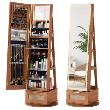 Rattan 360° Swivel Jewelry Armoire Standing with Full Length Mirror