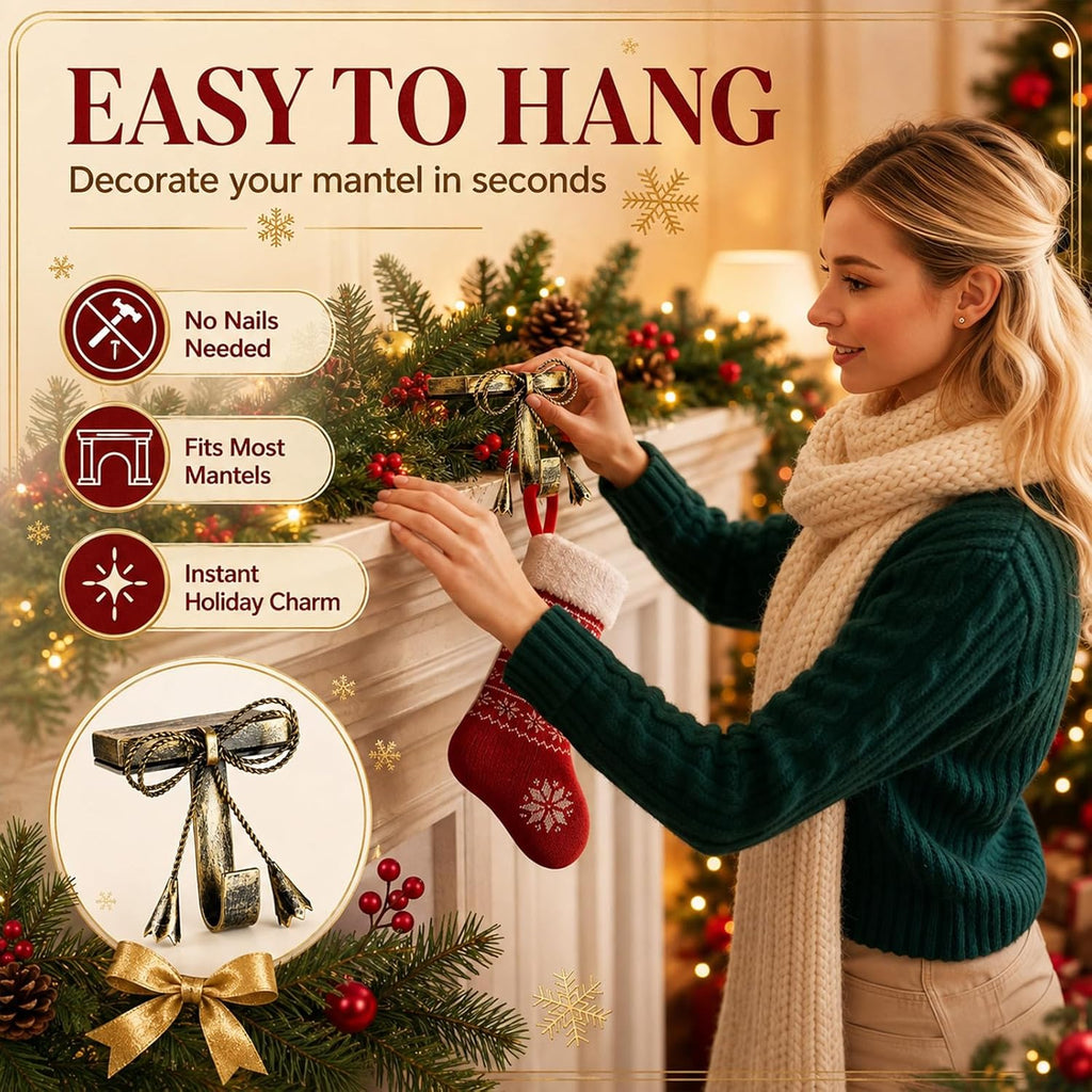 4 Pieces Christmas Bow Stocking Holders for Mantle Rustic Hanger
