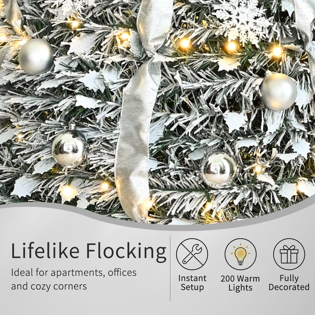7ft Pre-Lit Flocked Pop-Up with Lights, Pre-Decorated