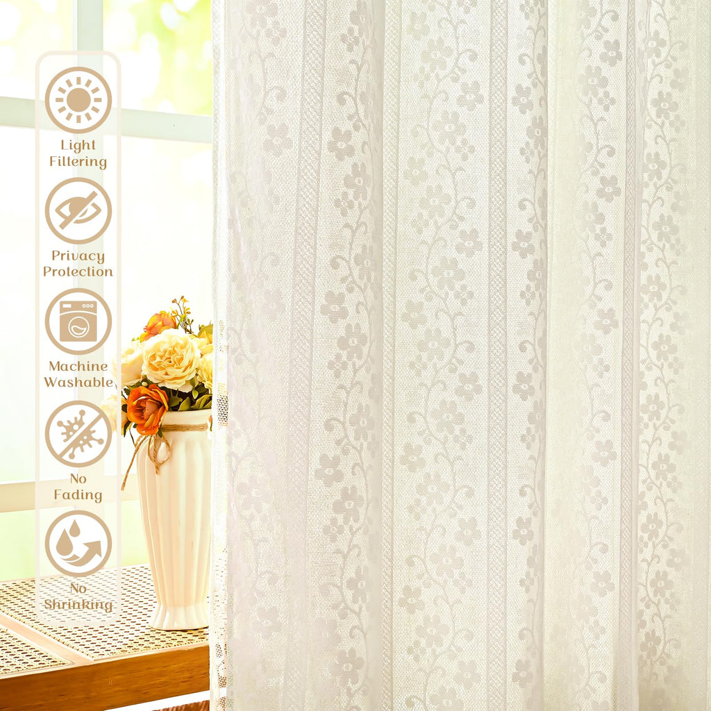 Linen Curtains, Double Layered Boho Curtain 63 Inch Length 2 Panels Set, Rod Pocket Curtains & Drapes with Tiebacks