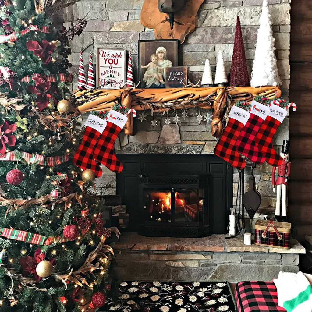 Christmas Buffalo Plaid Stockings,6 Pack 18 Inches Large Black White Plaid Stockings - Set of 6