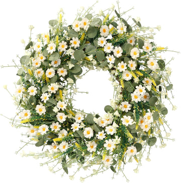 White Daisy Wreath 24 Inch with Fake Silk Floral Green Eucalyptus Leaves and Lavender for Spring Summer Front Door