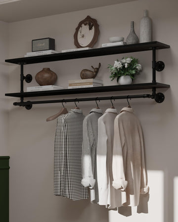 Black Clothes Rack 60in, 2-Tier Wall Mounted Garment Rack with Real Wood Shelf, Heavy Duty Hanging Clothes Rack