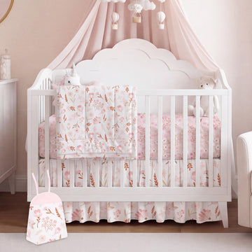 4 Pieces Crib Bedding Set for Girls and Boys, Pink Floral
