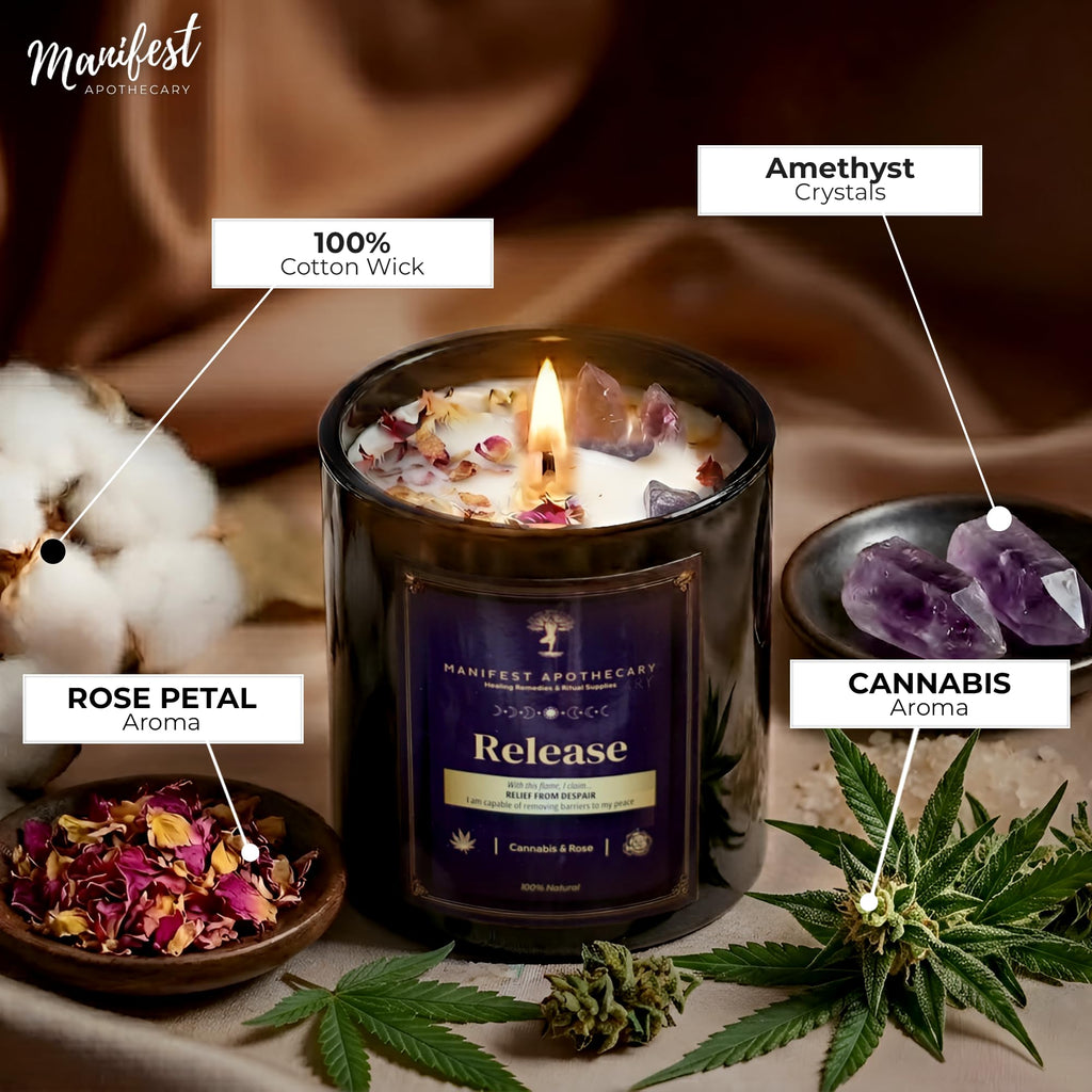 Aromatherapy Scented Candle for Women & Men - Infused with Rose Petals, Cannabis, & Amethyst Crystals - 100% Cotton