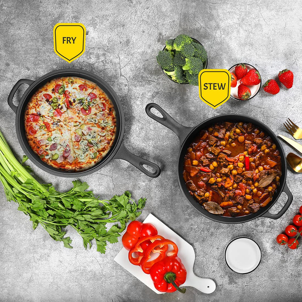 2-in-1 Pre-Seasoned Cast Iron Dutch Oven Pot with Skillet Lid Set, 10" Skillet 3QT Pot for Cooking, Baking, Frying